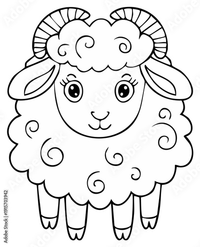 Cute Cartoon Sheep with Curly Horns and Wool Black and White Line Art Illustration
