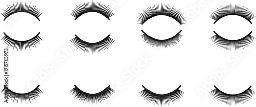 False Eyelashes Set, Beauty Makeup Lash Styles Collection, Cosmetic Eye Lash Extensions Outline Silhouette Vector for Fashion and Salon Design