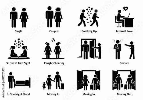 Illustrations depicting various stages and scenarios of romantic relationships and family life high quality professional detailed