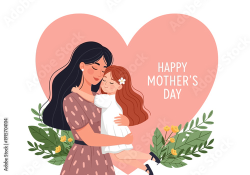 A loving mother and daughter share a tender moment framed by a heart and floral decorations