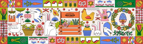 Happy Easter. Vector cute modern folk illustrations with line art and outline: bunny, eggs, basket, goose, chicken, wreath, Easter cake for borders, banners, spring icons, scrapbooking, frame, greetin
