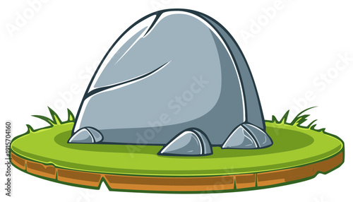 Cartoon illustration of a large grey boulder on a small floating island of green grass and earth