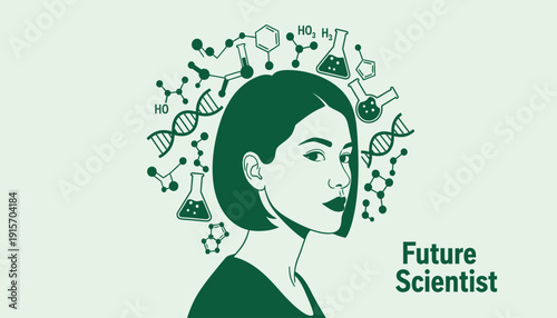 Inspiring young woman surrounded by science and technology symbols