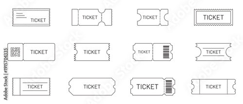 Ticket icon set, Ticket admit icon set, Raffle voucher coupon sign, Movie theatre ticket with stub line icon, Discount or gift voucher ticket coupon template.