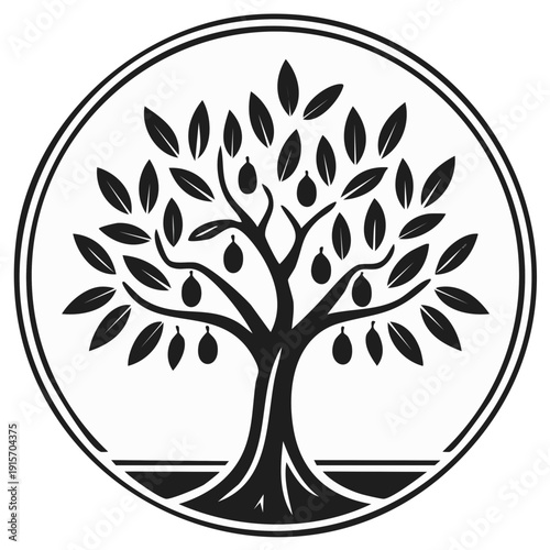 Olive tree illustration with fruits and leaves inside a circle frame. Simple nature emblem vector design
