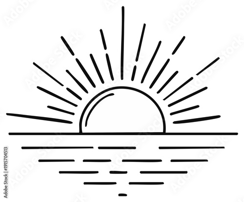 Minimalist Sunrise or Sunset Over Water Line Art Icon