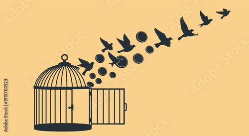 Birds flying out of an open cage with bubbles rising