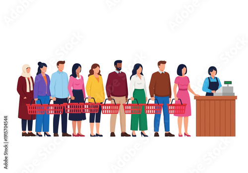 A diverse group of people wait in a checkout line at a grocery store or supermarket