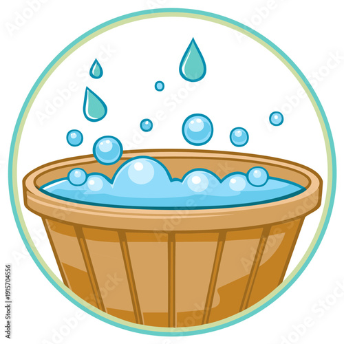Cartoon style wooden tub with bubbly water and falling drops washing cleaning hygiene