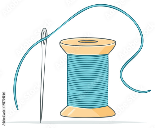 Illustration of Blue Threaded Needle with Spool, Sewing Hobby Concept