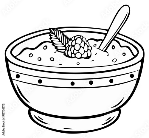 Outline drawing of a delicious bowl of porridge with fresh berries and mint leaf topping, served with a spoon