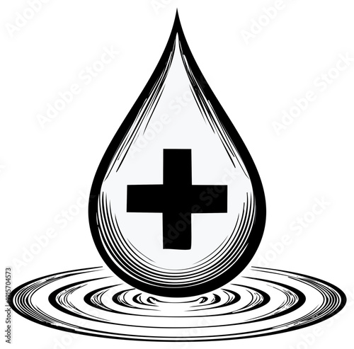 Water Drop Illustration with Plus Sign in Center Creates Circular Ripple Effect