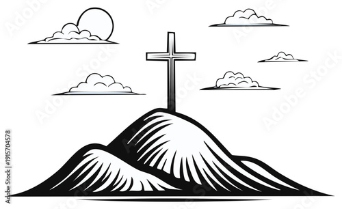 Cross on Hill with Clouds Simple Line Illustration for Religious Symbolism