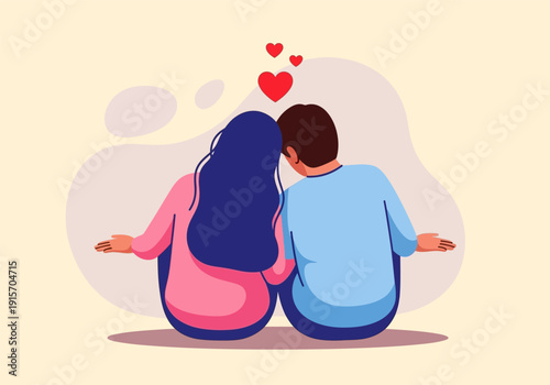 A couple sits back to back surrounded by hearts and thought bubbles depicting love and connection high quality