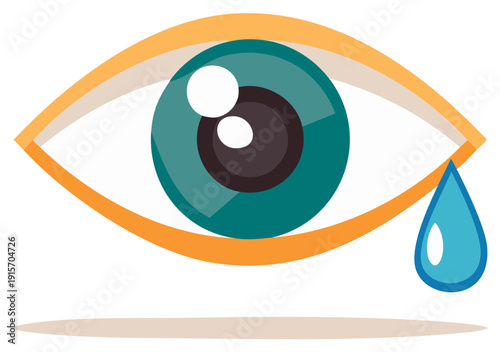 Minimalist vector illustration of a crying eye with a blue iris and a single tear droplet, expressing sadness and empathy.