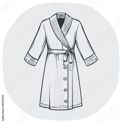 Line art of a belted robe with buttons, tie closure, cuffed sleeves, and cross-over front, on a round gray background