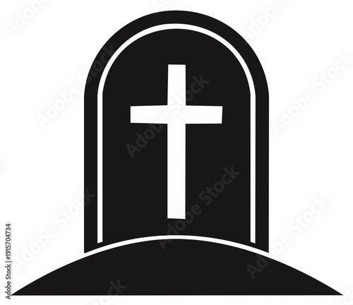 Simple grave marker on grassy mound featuring a white cross set on a dark gray rectangular memorial, vector design