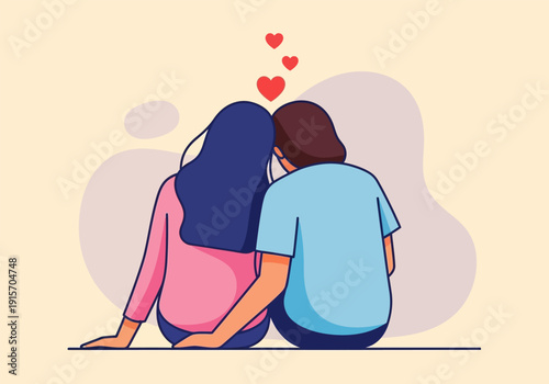 A couple sits back to back sharing a tender moment symbolized by floating red hearts above them