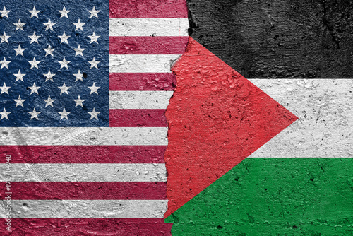 United States of America vs Palestina Gaza - Cracked concrete wall painted with a USA flag on the left and a Palestinian flag on the right