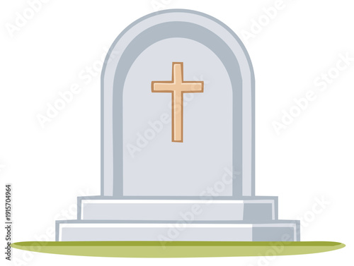 Cartoon Stone Tombstone with Cross Icon and Grass Base