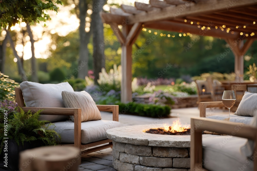 Fototapeta premium Outdoor living space with fire pit and patio furniture