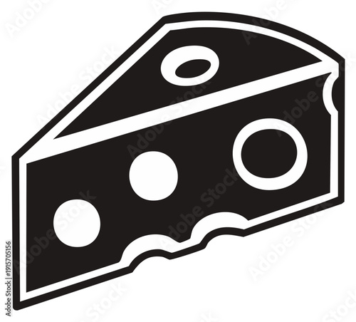 Black and white vector illustration of a cheese wedge with holes and an irregular edge