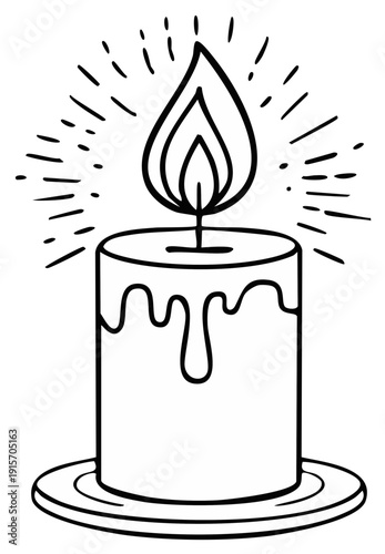 Simple black and white line art illustration of a burning candle with radiating light beams.