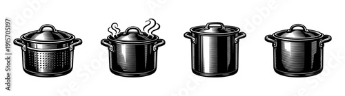 Cooking pot flat vector icons set. kitchenware and cookware collection with steam effects