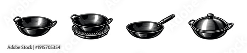 Kitchenware flat vector icons set: cookware, pots, and pans illustrations collection