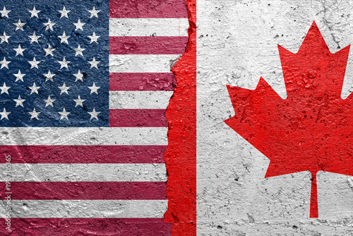 United States of America vs China - Cracked concrete wall painted with a USA flag on the left and a Chinese flag on the right