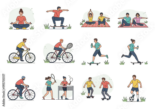 Diverse individuals engage in various outdoor fitness and recreational activities illustrated in a cartoon style