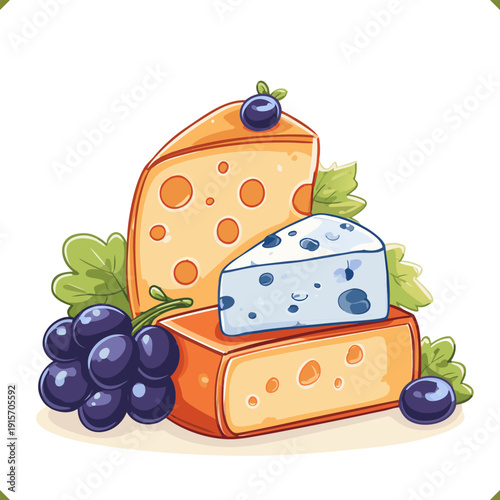 Vector illustration of assorted cheese wedges with blue cheese and grapes, isolated on a white background. Gourmet dairy food for menu, packaging, and culinary design