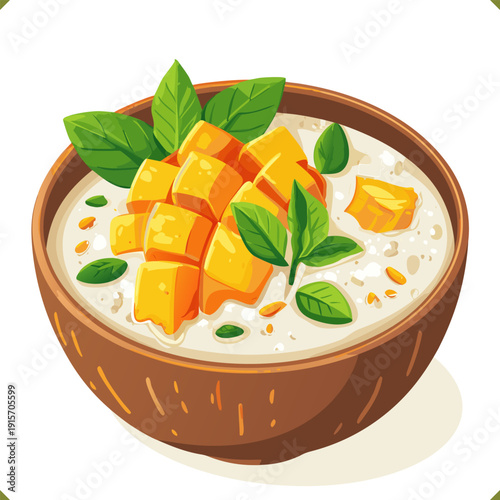 Vector illustration of mango sticky rice dessert in coconut bowl, topped with fresh mango cubes and mint leaves, isolated on a white background. Traditional Asian sweet dish design