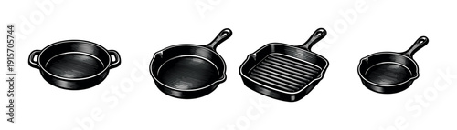 Cookware flat vector icons set. skillet and pan collection. kitchen utensil graphics.