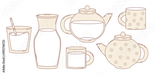 Kitchenware Hand Drawn Set. Glass Teapot Pitcher with, Mug and Ceramic Teapot with Polka Dot Cup. Isolated Outline drawings. Vector Illustration