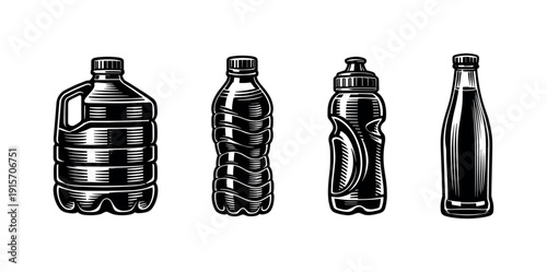 Bottle flat vector icons set. water, drink, and beverage containers illustrations