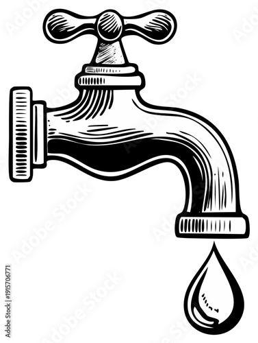 Vintage Faucet Spout Illustration Flowing Water Drop Hygiene Graphic