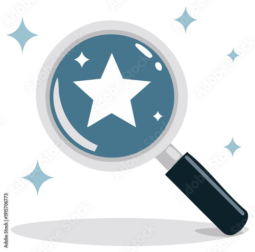 Magnifying glass examining a white star with sparkles, searching for success, finding quality, vector graphic