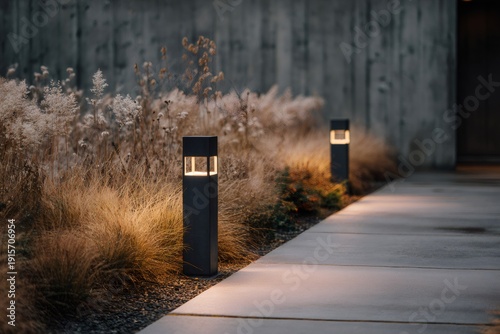 Modern bollard lights illuminating garden path in evening
