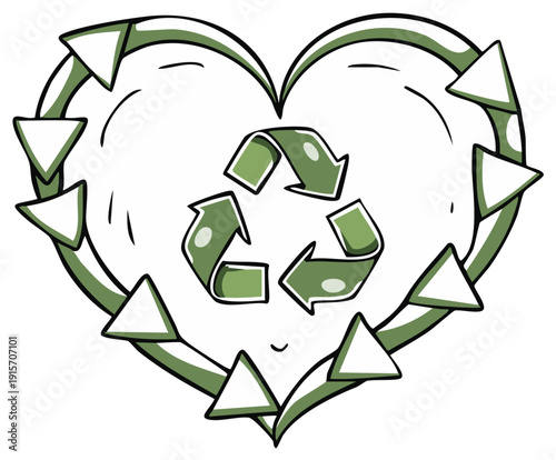 Green Heart with Recycling Arrows and Triangular Elements Symbolizing Environmental Care