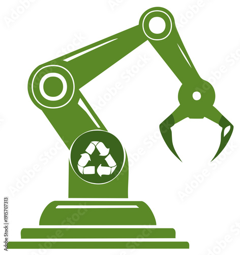 Green robotic arm with recycling symbol on base in industrial setting