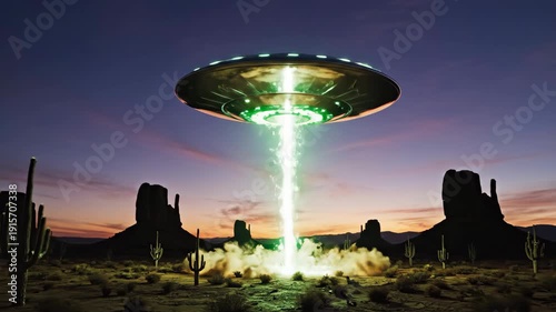 Mysterious metallic ufo flying saucer hovering above desert landscape at dusk emitting bright green light beam towards ground slowly.