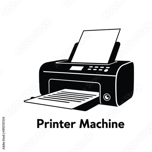 A black and white illustration of a printer machine with paper tray open