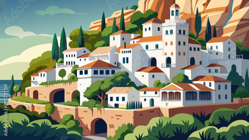 Very beautiful white houses of Setenil de las Bodegas nest beneath massive rock overhangs, blending architecture with dramatic natural cliffs.