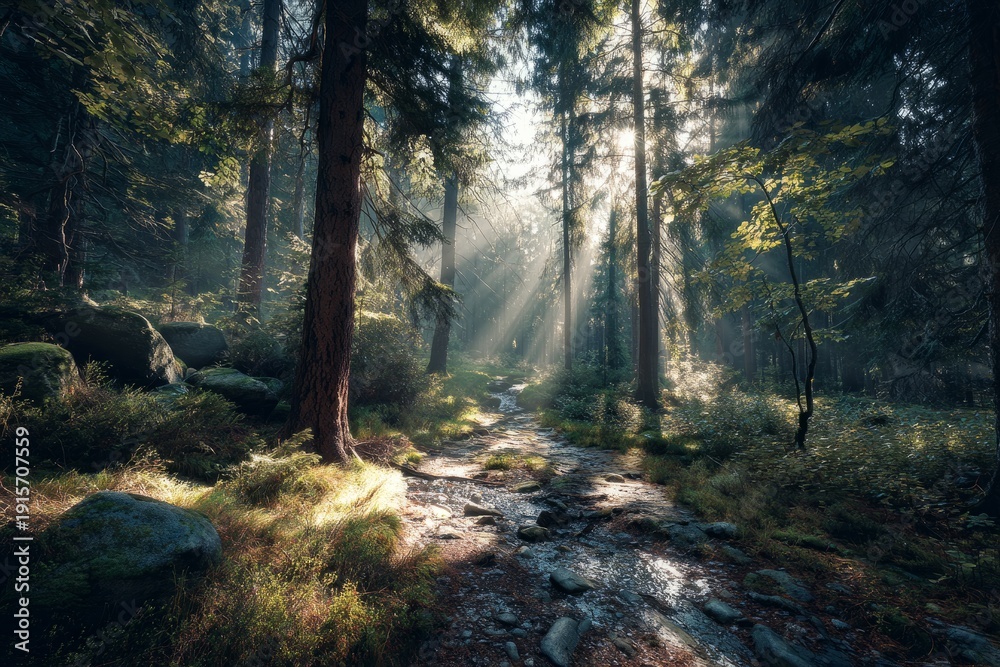 Obraz premium Sunlight shines through trees in a forest with a stream during the morning hours in a natural setting