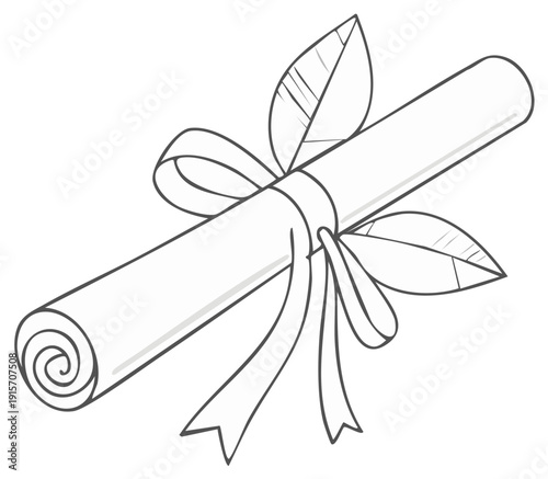 Diploma certificate scroll tied with ribbon and leaves line art design