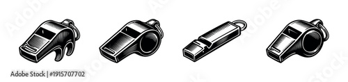 Whistle flat vector icons set: sports tools and recreation symbols in monochrome design