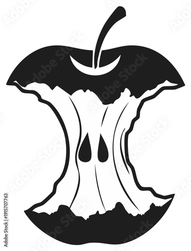 Stylized Black and White Apple Core Silhouette with Stem