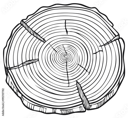 Black and White Log Slice Showing Tree Rings and Cracks in Vector Graphic