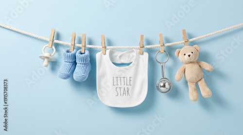 Newborn baby boy essentials hanging on clothesline including booties and teddy bear on blue background